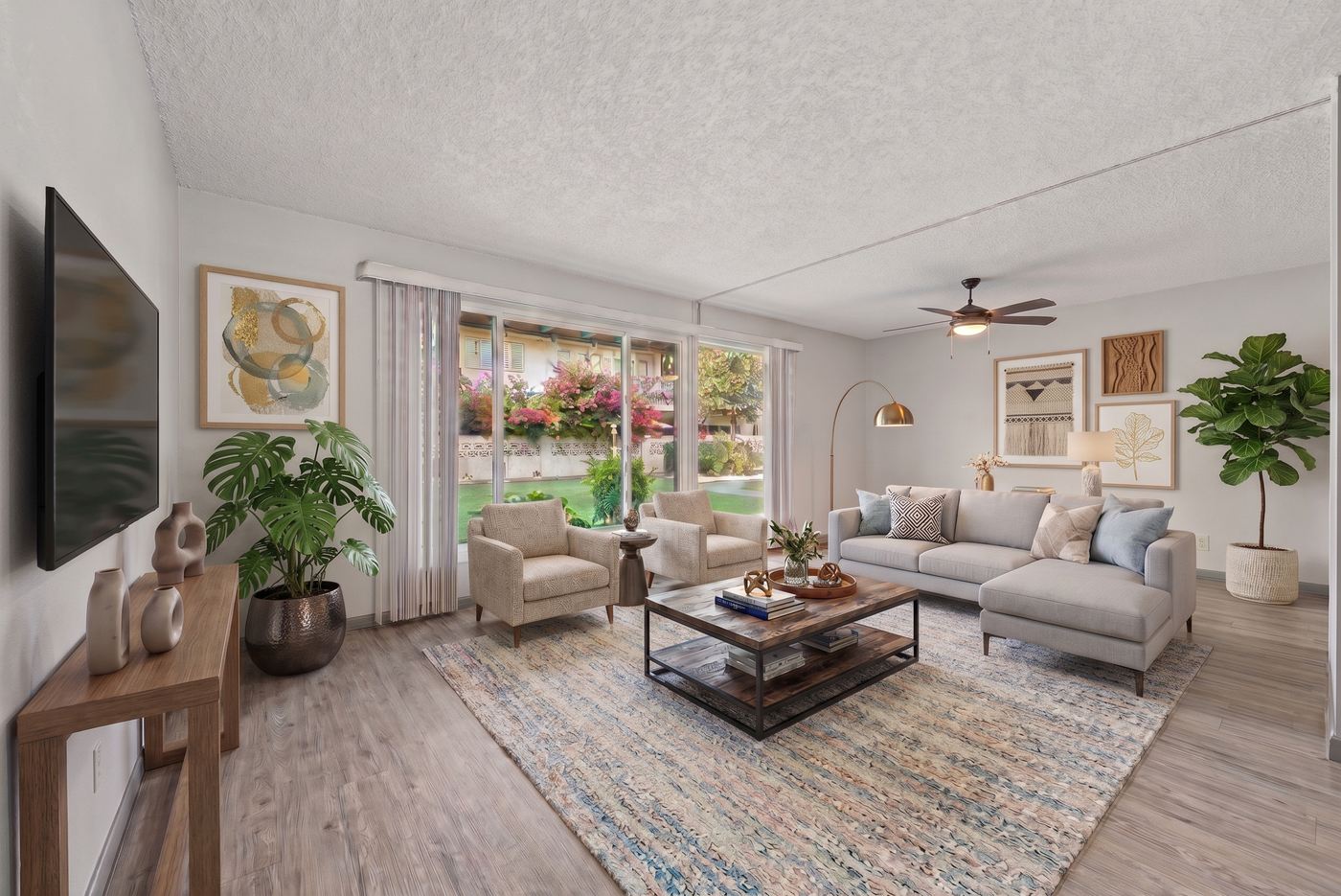 Living area with garden views through the sliding glass door