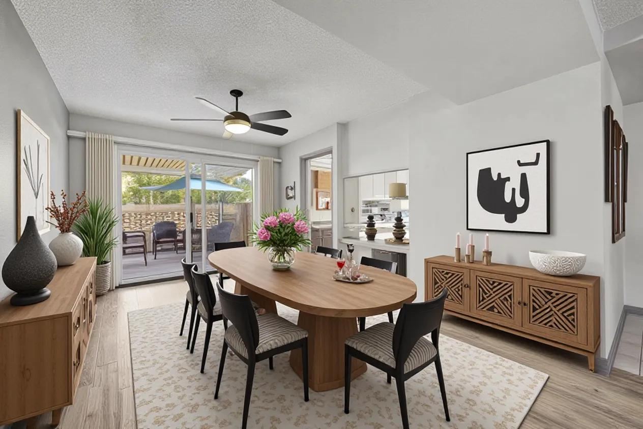 Dining area with built-in storage and patio slider
