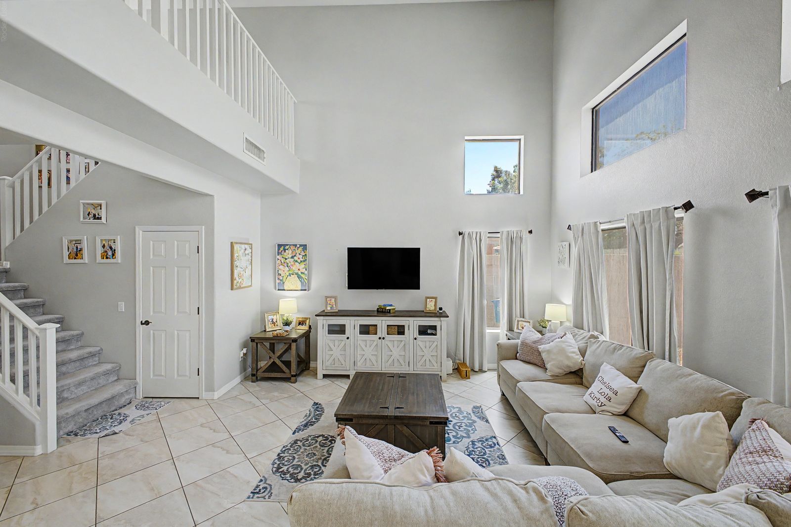 Great room with high ceilings and clerestory windows