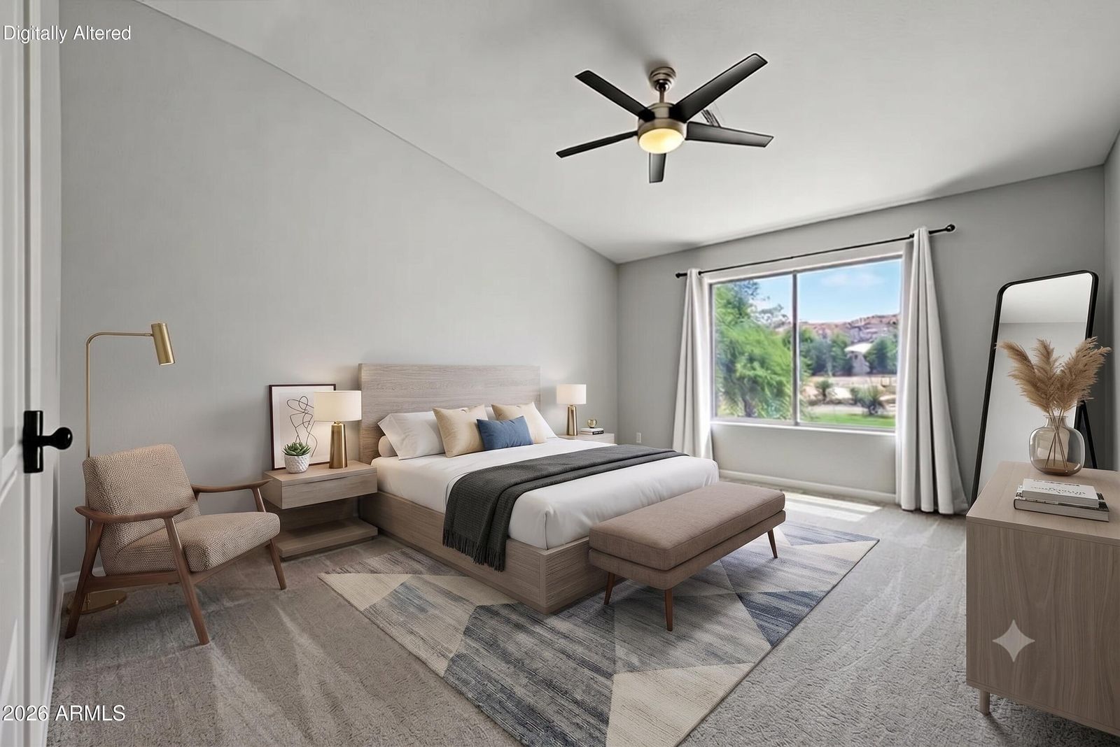 Primary bedroom, virtually staged with furniture and decor