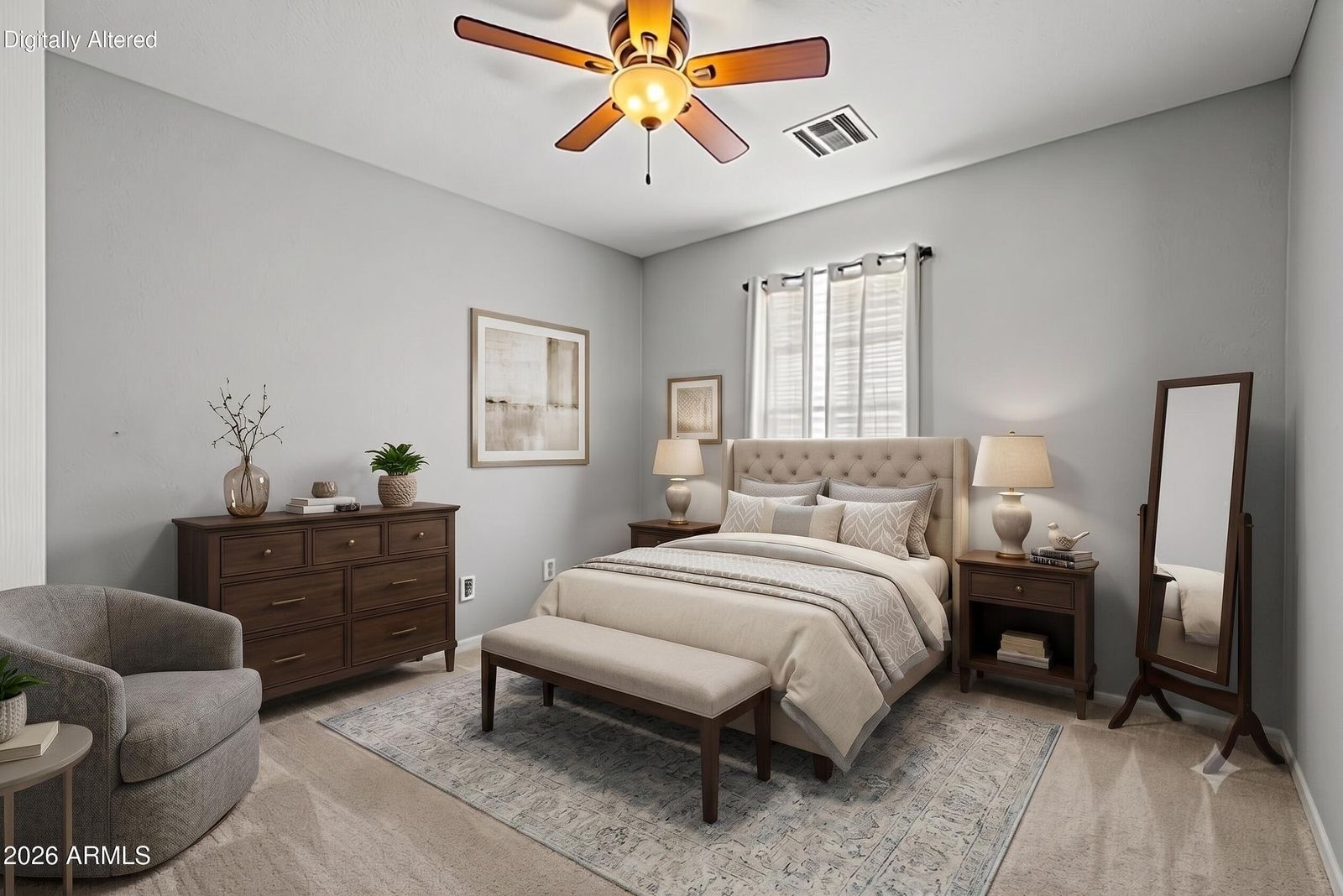 Secondary bedroom, virtually staged with furniture and decor